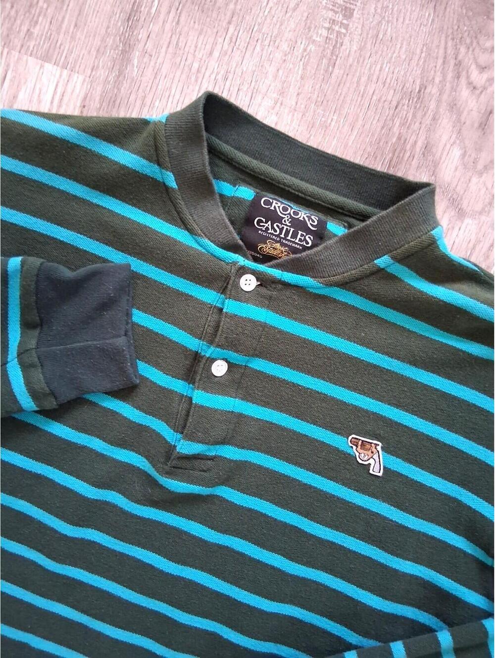 Crooks And Castles Mens L Green Striped Cotton Long Sleeve Casual Henley Sweater
